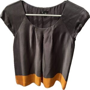 Women's Theory Black and Orange Silk Blouse with Cap Sleeves